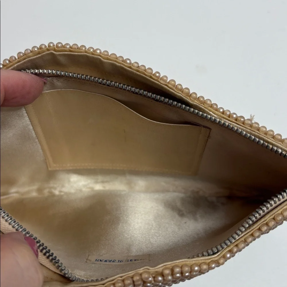 Vintage Gold Tan Beaded Scalloped Zippered Clutch Japan